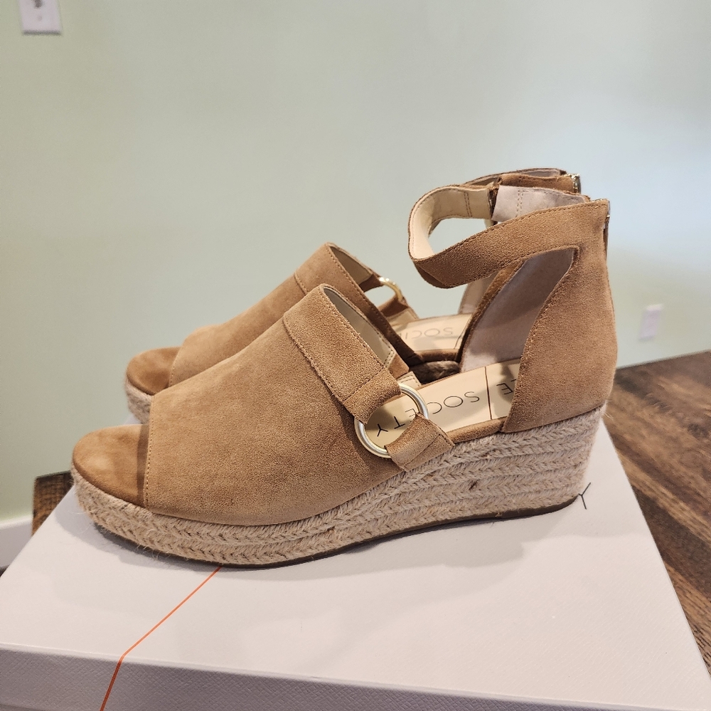Sole Society Camel Tan Suede Espadrille Ankle Strap Wedge Sandal Sz 10 - Picture 3 of 6